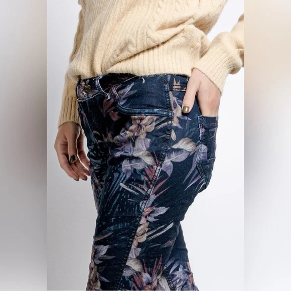 Tempo Paris Blue Floral Reversible Denim Skinny Jeans Cotton Blend Large - Picture 2 of 16